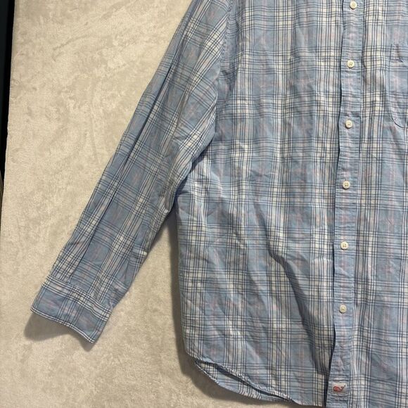 Vineyard Vines Classic Fit Murray Shirt Men's Large Linen Blend Blue Pink Plaid - Picture 4 of 16